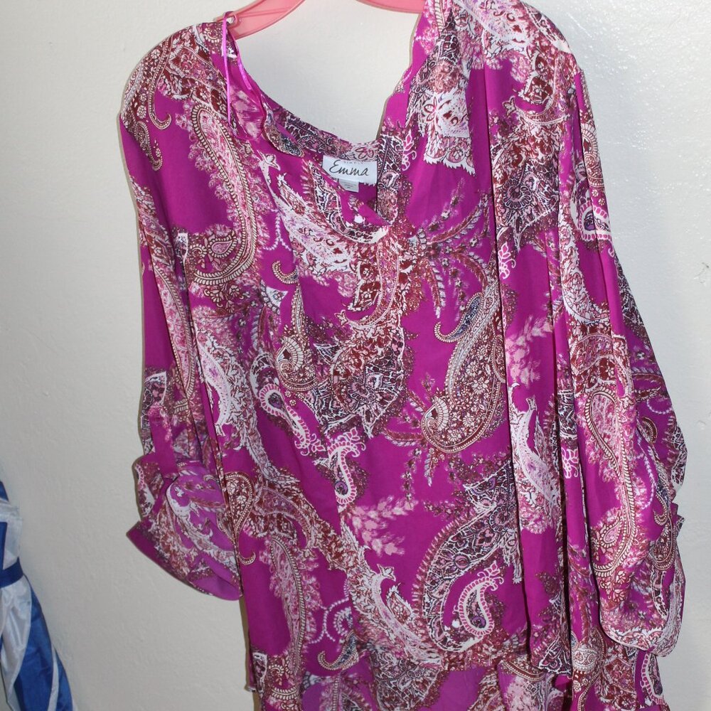 Chiffon Plum Paisley V-neck Blouse Roll Tab Sleeve Plus Size 2X